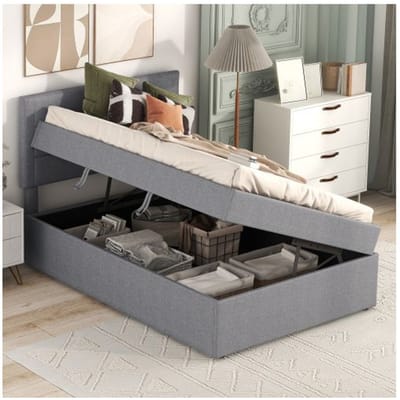 Gestoffeerd bed - MUVOE - 90 x 200 cm - Grijs - Grote opbergruimte - Zonder matras grijs