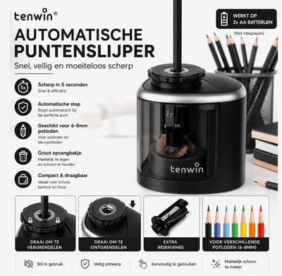 Originele Tenwin Elektrische Puntenslijper – Automatische Potloodslijper op Batterijen – Inclusief Extra Reservemes – Compact & Veilig – Voor School, Kantoor en Kinderen – Zwart