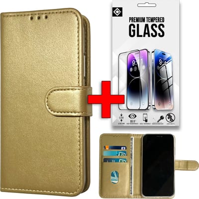 Casemania Hoesje Geschikt voor Samsung Galaxy S24 - Goud + Tempered Glazen Screenprotector - Portemonnee Book Case