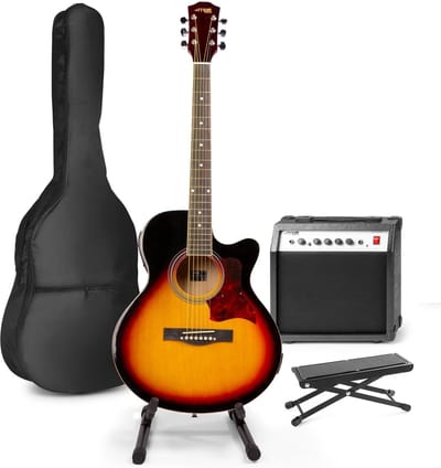 Elektrisch akoestische gitaar - MAX ShowKit gitaarset 4/4 - Met 40W gitaar versterker, gitaar standaard, gitaar voetenbankje, gitaar stemapparaat, gitaartas en plectrum - Sunburst