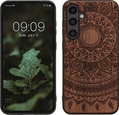 kwmobile telefoonhoesje geschikt voorSamsung Galaxy S23 FE - Hoesje met bumper - hout - In donkerbruin Indian Sun design