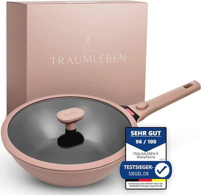28 cm Wokpan met Deksel, Afneembare Handgreep en Warmte-Indicator, Geschikt voor Inductie, PFOA-vrij