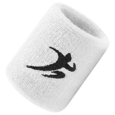 Witte zweetband polsband voor dames en heren – sport pols zweetband met zwart sportfiguur motief – zachte textiel polsband voor fitness, hardlopen, gym, training en buitensport