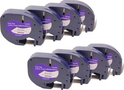 KATRIZ® huismerk label tape voor Dymo 91201 | DYMO LETRATAG LetraTag 100H/LetraTag 100T/LetraTag 2000/LetraTag QX54 | Zwart op Wit | 12mm*4m | 8 stuks