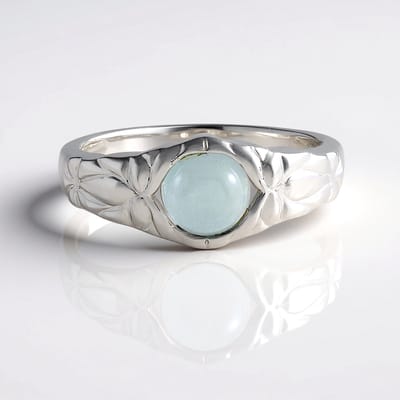 Cavill - Zilveren ring - 925 sterling zilver gerhodineerd - 0,81 ct Braziliaanse aquamarijn cabochon - Blauwe edelsteen - Bloemmotief - Elegante ring
