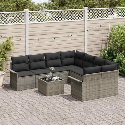 vidaXL Tuinbank Set met kussen met opslag 9 pcs Grijs poly rattan