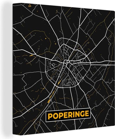 Canvas Schilderij Stadskaart - Poperinge - Black en gold - Plattegrond - Kaart - 20x20 cm - Wanddecoratie