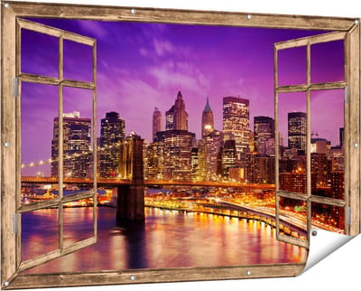 Gards Tuinposter Doorkijk Skyline New York van Centrum in het Paars - 150x100 cm - Tuindoek - Tuindecoratie - Wanddecoratie buiten - Tuinschilderij