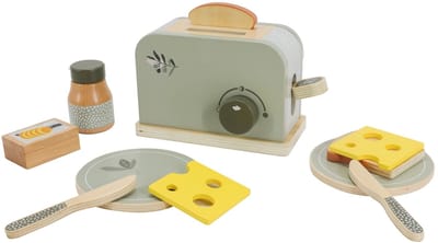Label Label Houten Broodrooster - Houten Keukenspeelgoed - Inclusief 11 Delen met Boterhammen Kaas en Jam - Stimuleert Fantasierijk Rollenspel - Vanaf 3 Jaar - Olijfgroen