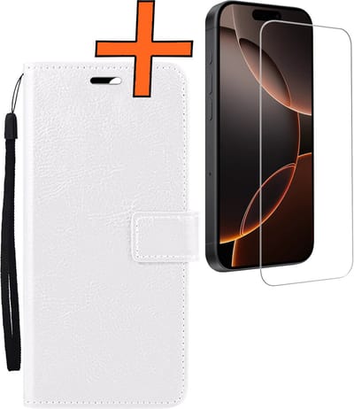Hoes - Met Screenprotector - Geschikt voor Apple iPhone 16 Pro - Luxe Pasjeshouder - Bookcase Portemonee - Flip Case - Kunstleer Book Case - Flipcase - Book Cover - Walletcase - PortemonneeHoes - Wit
