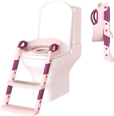 WC Verkleiner met Trapje - Toilettrainer met Handvaten en Opstapje - Toiletbril met Trapje - Opvouwbaar Toilet Bril Zitje - WC Zindelijkheids Training voor Jongens/Meisjes - Urinoirs voor Kind/Peuter van 2 tot 7 jaar - Toiletverkleiner - Roze