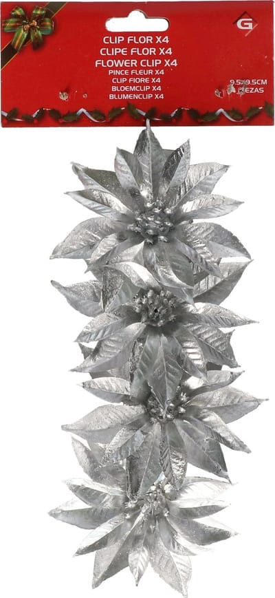Decoratie bloemen - op clip - 4x - zilver - 9,5 cm - kunststof - kerstbloemen - Kerstboom ornamenten