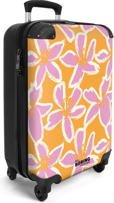 NoBoringSuitcases.com® - Handbagage koffer lichtgewicht - Reiskoffer trolley - Oranje met roze bloemen - Vakantie reistrolley - Reiskoffer trolley - Rolkoffer op wieltjes - Valies cabin koffertje - Past binnen 55x40x20 en 55x35x25