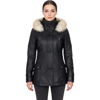 Dames zwarte lamsleren gewatteerde parka met bontkraag - Duchess