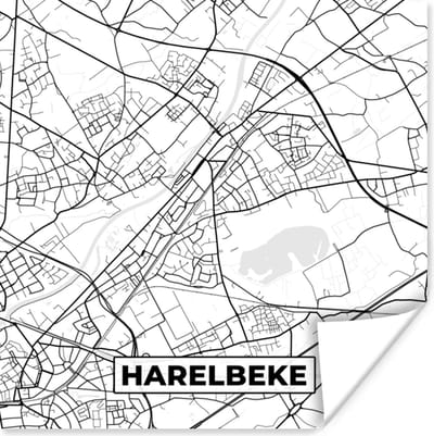 Poster Stadskaart – Zwart Wit - Kaart – Harelbeke – België – Plattegrond - 100x100 cm XXL