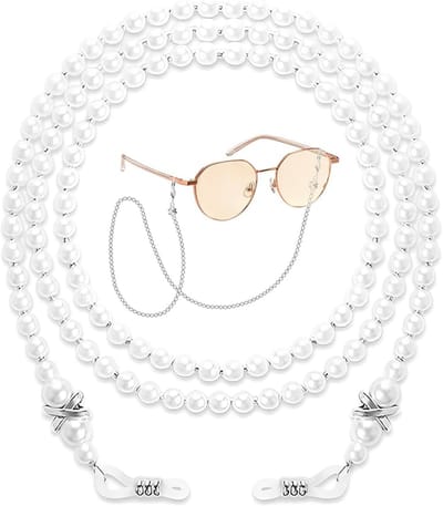 Brillenketting voor dames, brilketting met parels, brillenkoord voor dames, antislip, voor dames en heren, met siliconen ringen