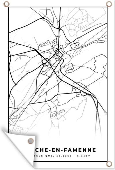 Muurdecoratie België – Marche en Famenne – Stadskaart – Kaart – Zwart Wit – Plattegrond - 120x180 cm - Tuinposter - Tuindoek