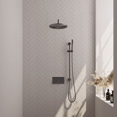 Brauer Gunmetal Edition thermostatische inbouw regendouche met drukknoppen SET 64 met 30 cm douchekop en gebogen muurarm en staaf handdouche en doucheslang en geïntegreerde glijstang gunmetal geborsteld PVD
