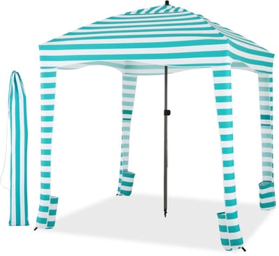 COSTWAY Zonwering met afneembare zijwand en 8 zandzakken, draagbare strandtent met draagtas, outdoor-schaduw voor strand, camping, picknick, 183 x 183 cm (wit-groen)