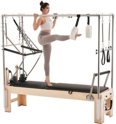 Pilates Reformer - Houten Reformer voor Thuis - Dubbele Veerweerstand - Inclusief Reformerbox en Jumpboard/Springplank - Voor Beginners en Gevorderden - Draagkracht tot 181 kg