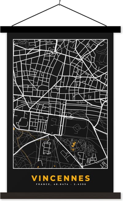 Posterhanger incl. Poster 40x60 cm - Schoolplaat - Frankrijk - Vincennes - Stadskaart - Kaart - Plattegrond - Textielposter - Zwarte latten - Stadskaart