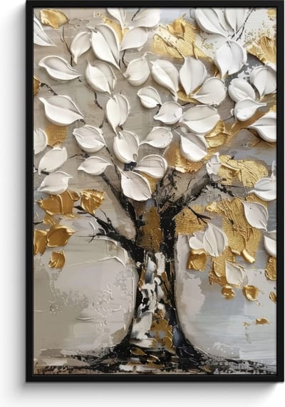 Poster in lijst - Fotolijst 80x120 cm - Posters - Boom - Beige - Grijs - Goud - Abstract - Posterlijst zwart - Decoratie - Wanddecoratie woonkamer - Muurdecoratie slaapkamer