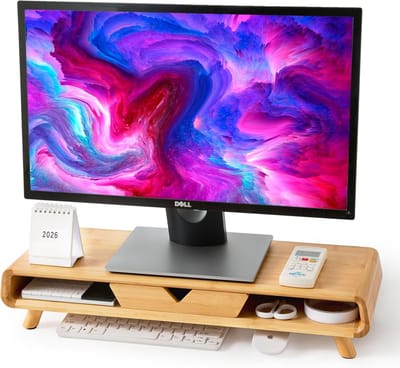 Famanu – Monitorstandaard van bamboe met lade - beeldschermverhoger zonder montage,bureau-organizer voor monitor - laptop of scherm - natuurlijk en stevig ontwerp