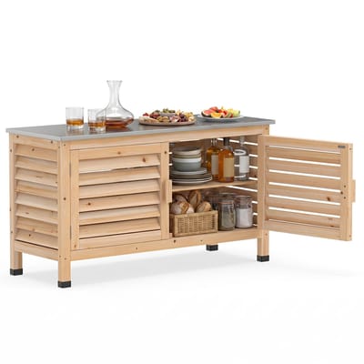 COSTWAY Tuinkast van dennenhout, Gereedschapskast met aluminium werkblad | Opbergkast met 2 lamellendeuren, voor balkon, terras & tuin, 109 x 40,5 x 61,5 cm