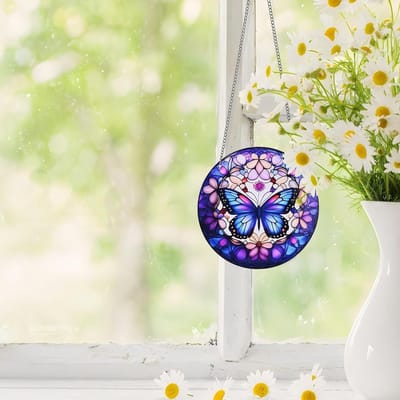 Kleurige Raamdecoratie met Vlinders en Bloemen, Hangende Suncatcher van Glas voor Wanddecoratie en Verjaardagscadeaus