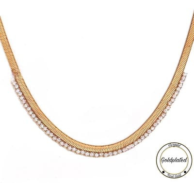 Platte Zirkonia Schakelketting | Goldplated | Zirkonia | Elegante Ketting | Dames Ketting | Vrouwen Cadeau |