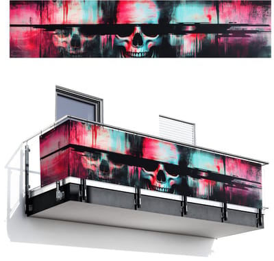 Balkonscherm 500x110 cm - Balkonposter Schedels - Glitch - Cyberpunk - Balkon scherm decoratie - Balkonschermen - Balkondoek zonnescherm