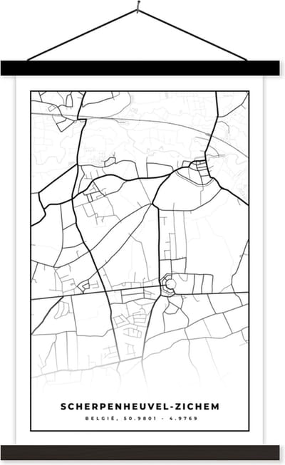 Posterhanger incl. Poster 40x60 cm - Schoolplaat - België – Scherpenheuvel Zichem – Stadskaart – Kaart – Zwart Wit – Plattegrond - Textielposter - Zwarte latten - Stadskaart