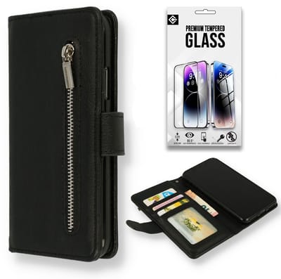 Casemania Hoesje en Glas Geschikt voor Samsung Galaxy A17 5G - Zwart - Luxe Portemonnee Book Case met Rits en Pasjeshouder - Wallet Case Telefoonhoesje - 1x Tempered Glazen Screenprotector