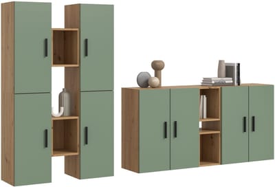 Modulaire woonwand in artisan eik en rookgroen - Stijlvolle opbergoplossing - 270x182cm