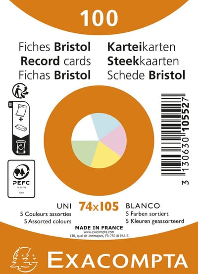 Exacompta 40x Pak 100 steekkaarten onder krimpfolie - Bristol UNI niet geperforeerd 74x105mm - Geassorteerd - 10552E