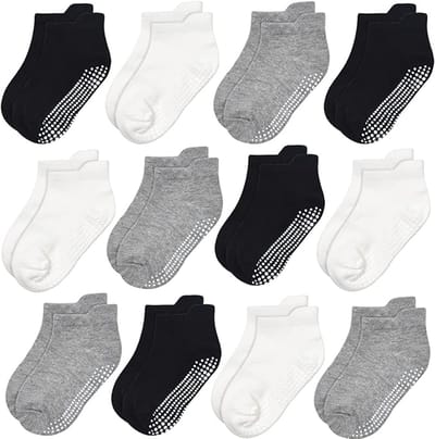 12 Paar - Baby Antislip Sokken - 1-3 jaar - Katoen - Antislip sokken - Stevige Antislip Sokken - Meisjes sokken - Enkelsokken - Huissokken - Gripsokken - Baby en dreumes enkelsokjes anti slip - Zwart, Wit, Grijs