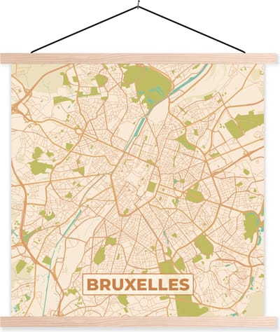 Posterhanger incl. Poster 40x40 cm - Schoolplaat - Kaart - Brussel - Brussel - Plattegrond - Stadskaart - Textielposter - Blanke latten - Stadskaart