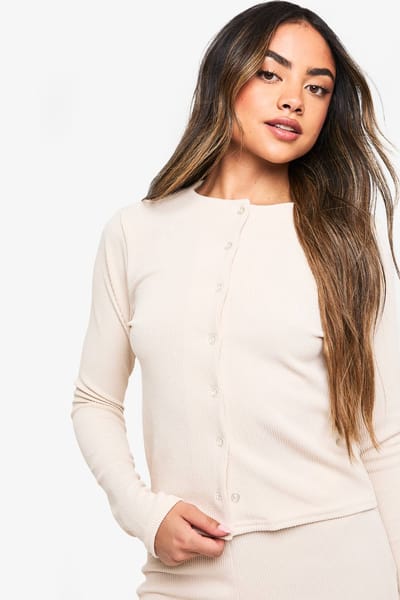 boohoo Dames Geribbelde cardigan en wijde pijpbroek co-ord | Ecru | Maat: 34
