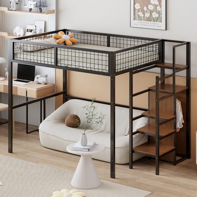Sweiko Kinderbed, Verhoogd bed 140x200cm Stapelbed, met ladder, babywieg met ijzeren frame en opbergrek, kledingkast, Zwart (Geen matras)