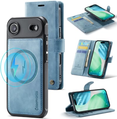 Casemania Hoesje Geschikt voor Apple iPhone 17 Air - Aqua Blue - Geschikt voor MagSafe - Luxe Kunstleer 2 in 1 Afneembare Bookcase - Magnetische Telefoonhoesje met Pasjeshouder en Standaardfunctie