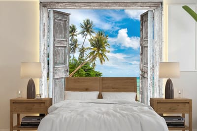 Behang - Fotobehang Kano - Strand - Palmboom - Strand - Doorkijk - Breedte 280 cm x hoogte 280 cm