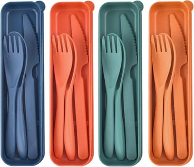 SnelShoppen - Travel Bestek Set met Etui, Herbruikbaar Plastic Bestek, Bestekset voor Reizen, Werk, School, Picknick, Kamperen of Dagelijks Gebruik (4
