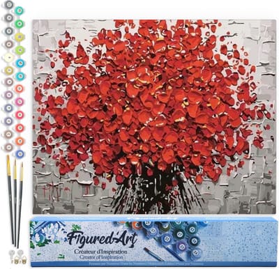 Figured'Art Schilderen op Nummer Volwassenen canvas Abstracte rode bloemen - Handwerk acrylverf Kit DIY Compleet - 40x50cm zonder frame