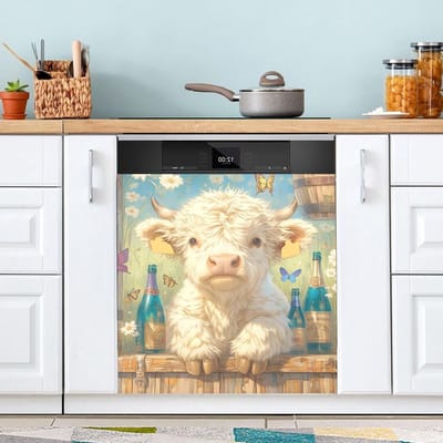 Highland Cow Blue Flessen Vlinders Vaatwasser Deurhoezen Schoon Vuil Decoratief Keukenapparaat Vaatwasser Cover Panel 50 x 60 cm