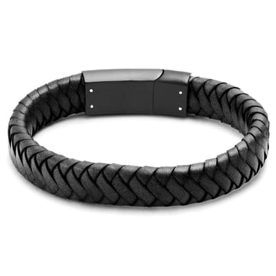 Zwarte Gevlochten Leren Armband
