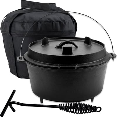 KitchenMonster Dutch Oven Kookpan - Gietijzeren Pan Ø29 - Gietijzeren Pan met Deksel 7 Liter Grillpan - Braadpan Gietijzer Zwart