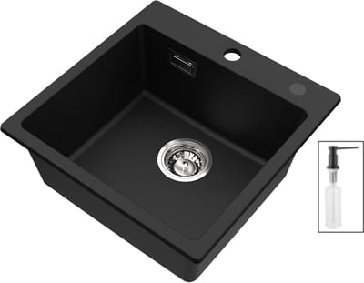 CECIPA Max Granieten Spoelbak 45x45cm - Granieten Spoelbak Keuken Met Zeepdispenser - Onderbouw Spoelbak Met Kraangat - 80% kwartszand en 20% hars - Antraciet