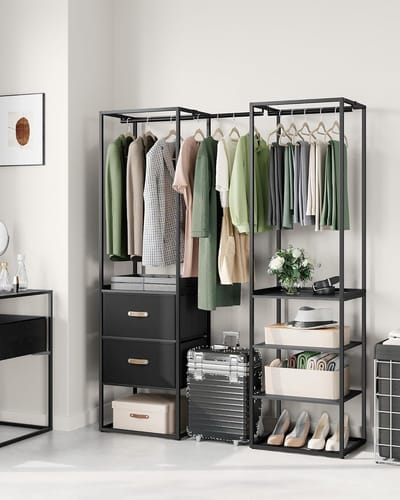 FurnStar Kledingrek – Open Kledingkast met 1 Uittrekbare Stang, 2 Lades & 4 Planken – Stevige Kapstok – Ruimtebesparend – Voor Slaapkamer – Ebbenhout Zwart