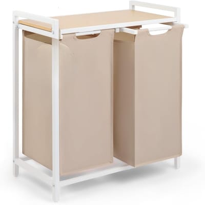 RONN® Wasmand 2 Vakken - Wasmand - Wassorteerder - Wit - Crème - Bamboe- ‎36cm x 65cm x 73cm; 5.7 kg
