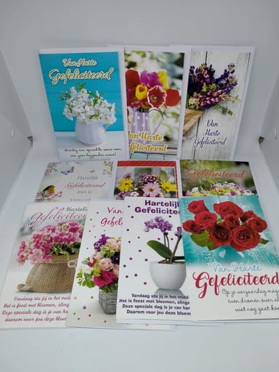 10 wenskaarten van harte gefeliciteerd bloemmotief - verjaardag bloemmotief - 12x17cm